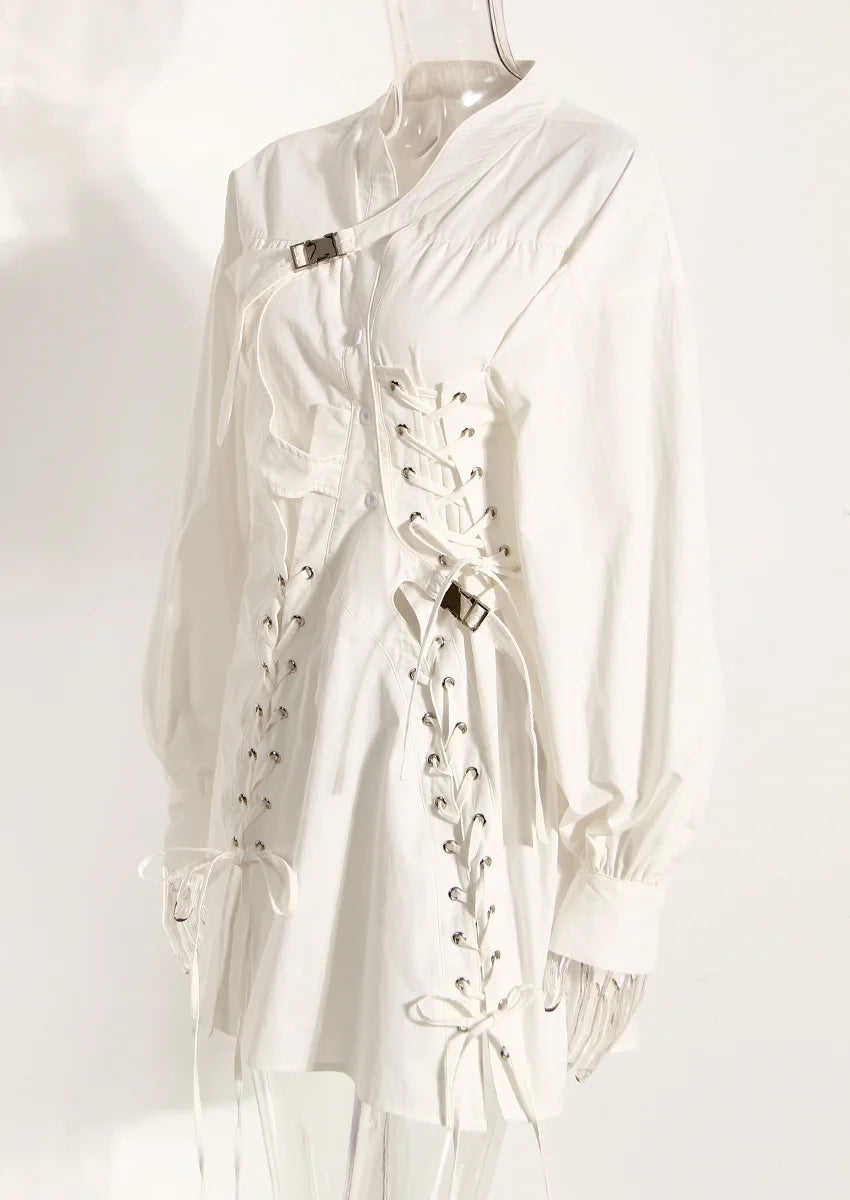 White Long Sleeve Lace Up Drawstring Women's Clothing Shirt Dress