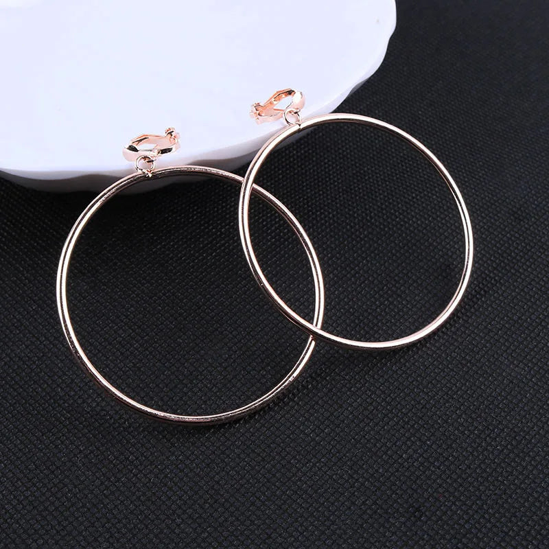 Round Clip on Earrings No Pierced Ear Clip Metal Simple Big Earring