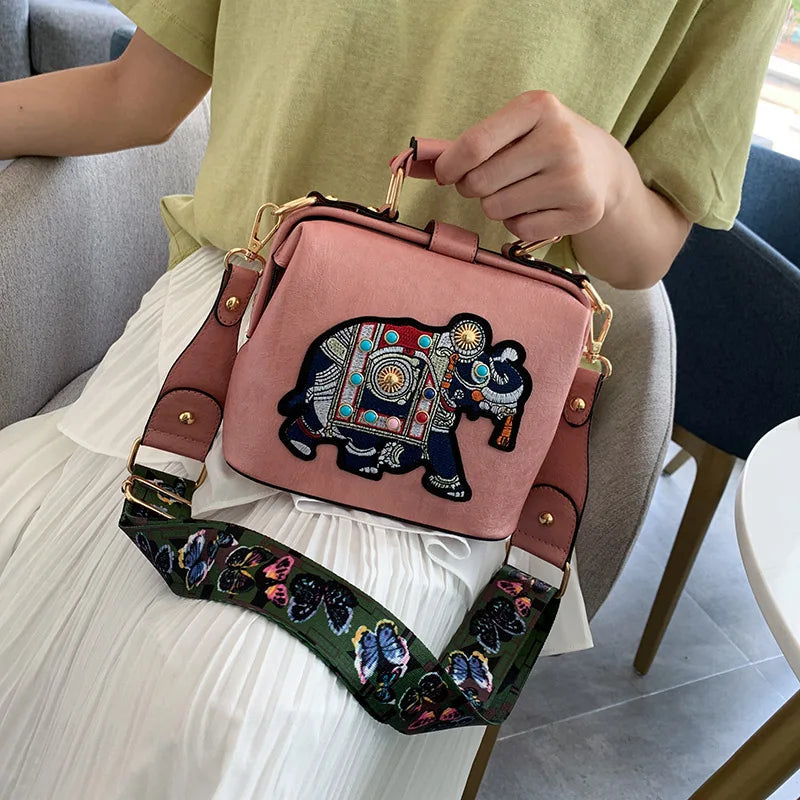 Vintage Embroidery Elephant Bag Bags Wide Butterfly Strap PU Leather Purses