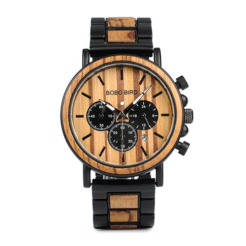 Wood and Stainless Steel Watches Luminous Hands Stop Clock