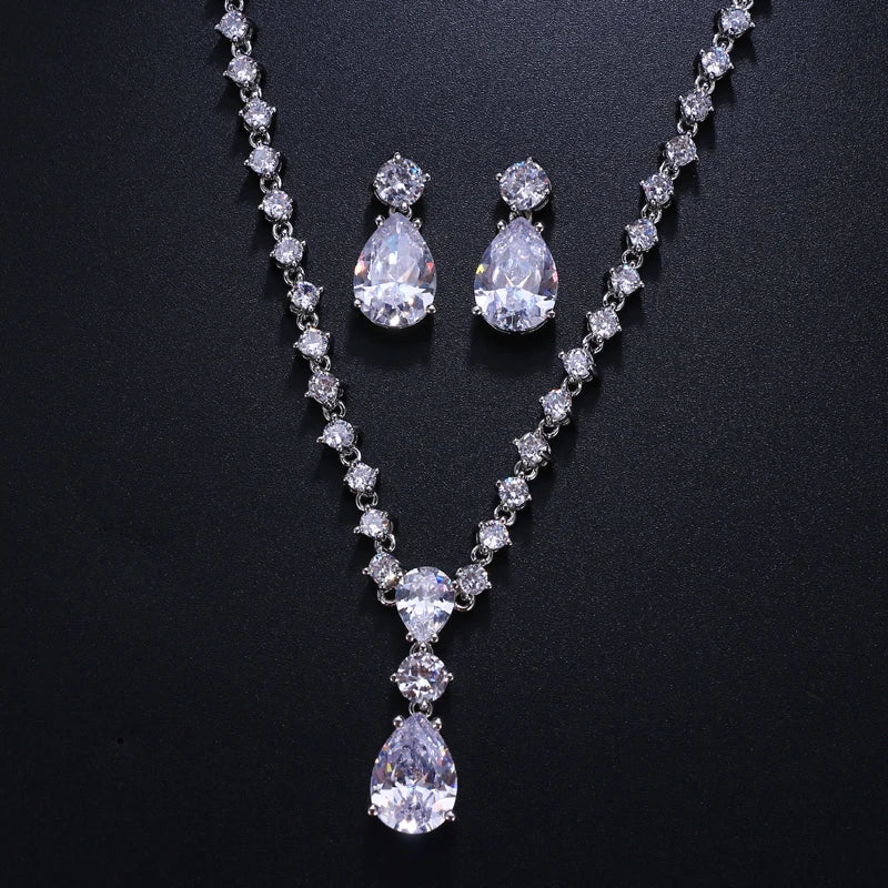 Simple Cubic Zirconia Crystal Women Earrings Necklace Set