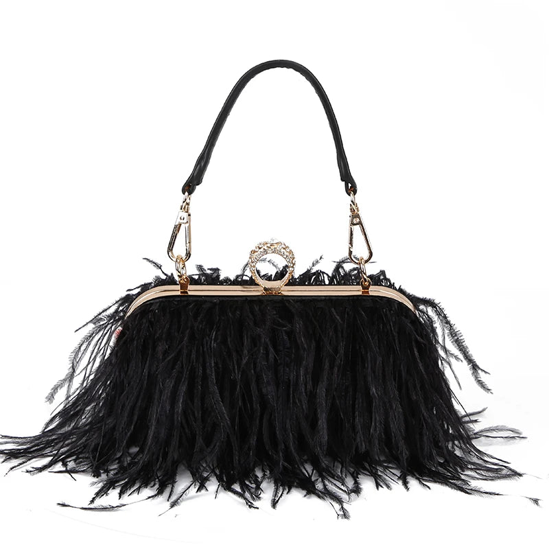 Ostrich Fur Feather Wallet Clutch Bag  Evening Bag Chain Purse