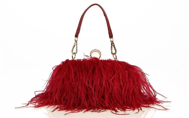 Ostrich Fur Feather Wallet Clutch Bag  Evening Bag Chain Purse