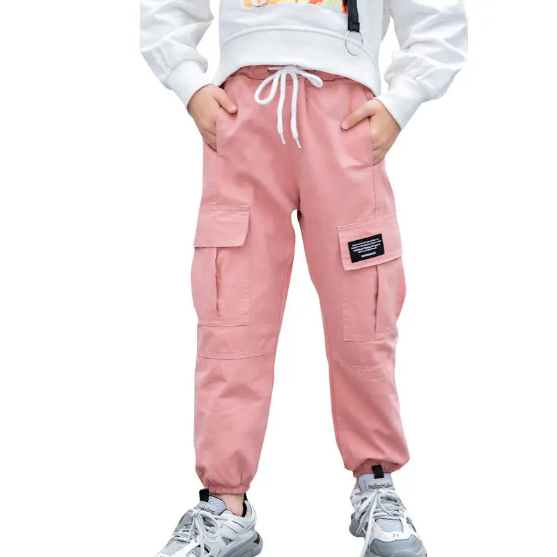 New Cowgirl Cargo Pants Spring Autumn Solid Color Kids Cotton Trousers