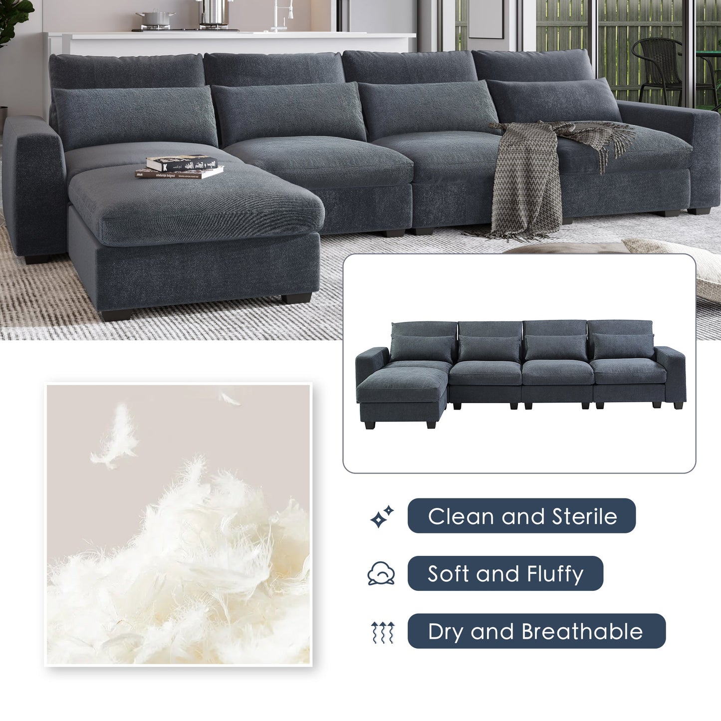 Modern Large L-Shape Feather Filled Sectional Sofa,  Convertible Sofa Couch