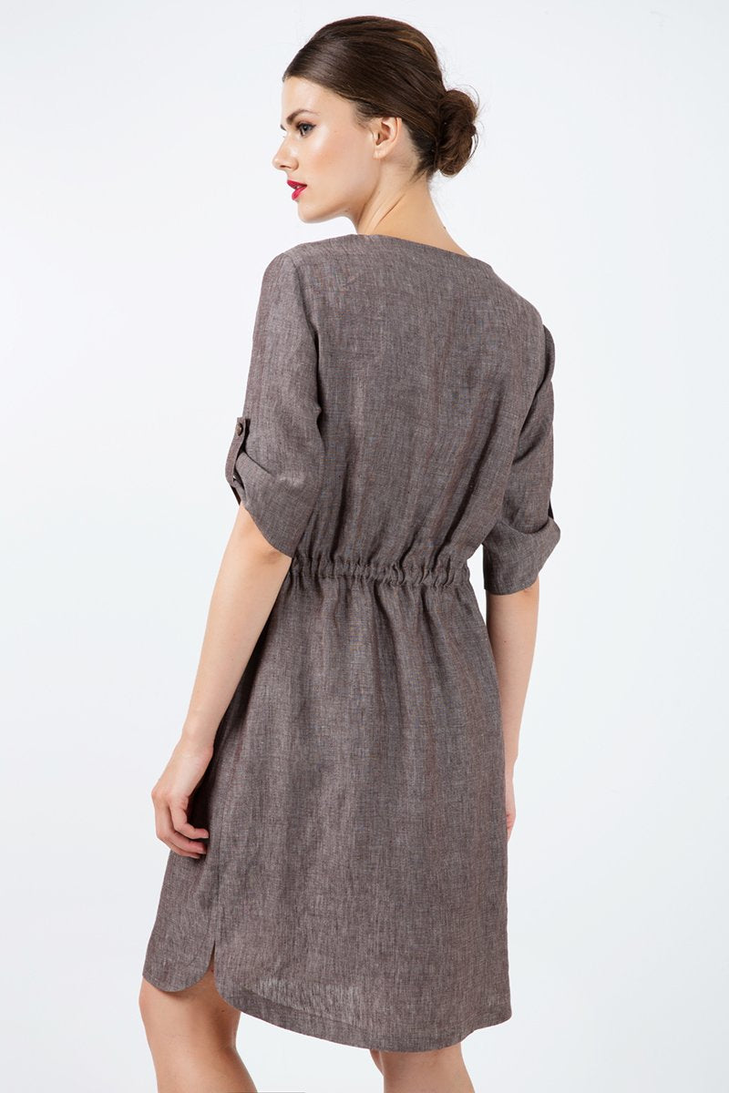 Straight Brown Linen Dress With Belt Detail