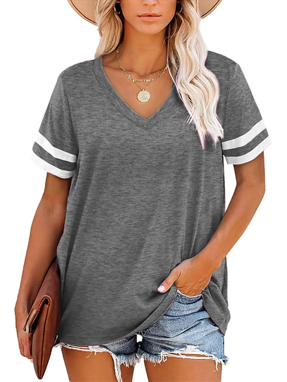 V-Neck Short Sleeve Blank Tshirts Top for Women Elegant Solid Cotton