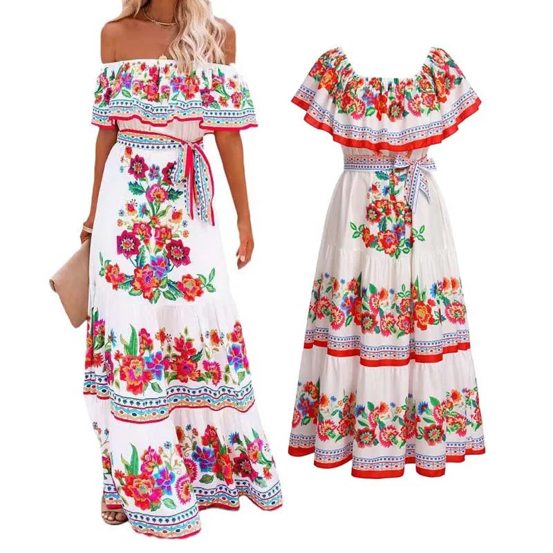 Summer Floral Print Off Shoulder Women Mexican Dress