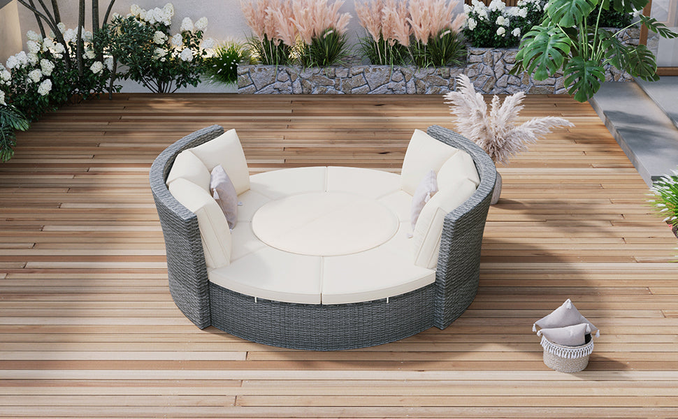 Patio 5-Piece Round Rattan Sectional Sofa Set All-Weather PE Wicker Sunbed