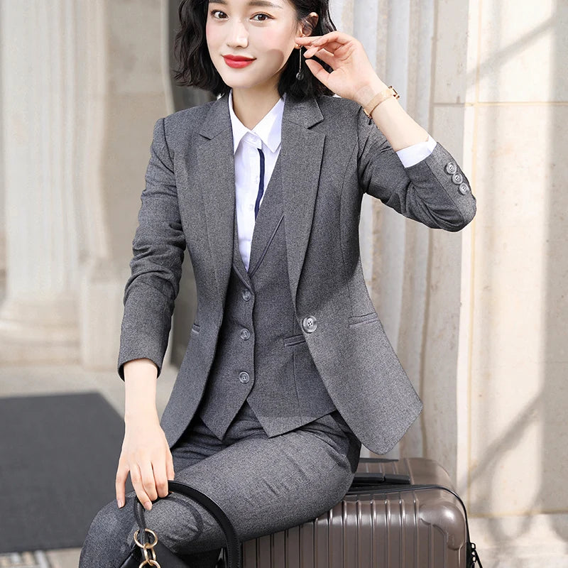 Wear Women OL Pant Suits Formal Female Blazer Jacket  Vest Trousers 3 Pieces