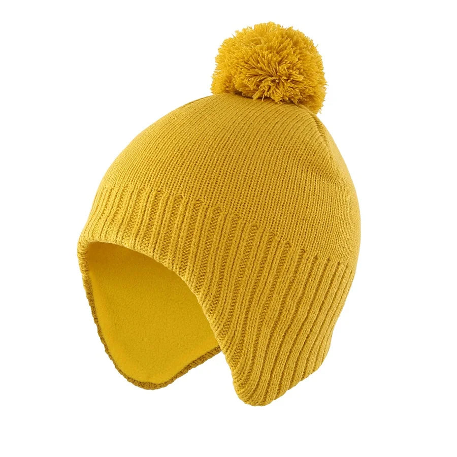 Winter Warm Hat Fleeced Lined Earflap Kids Beanie Hat With Pom-Pom