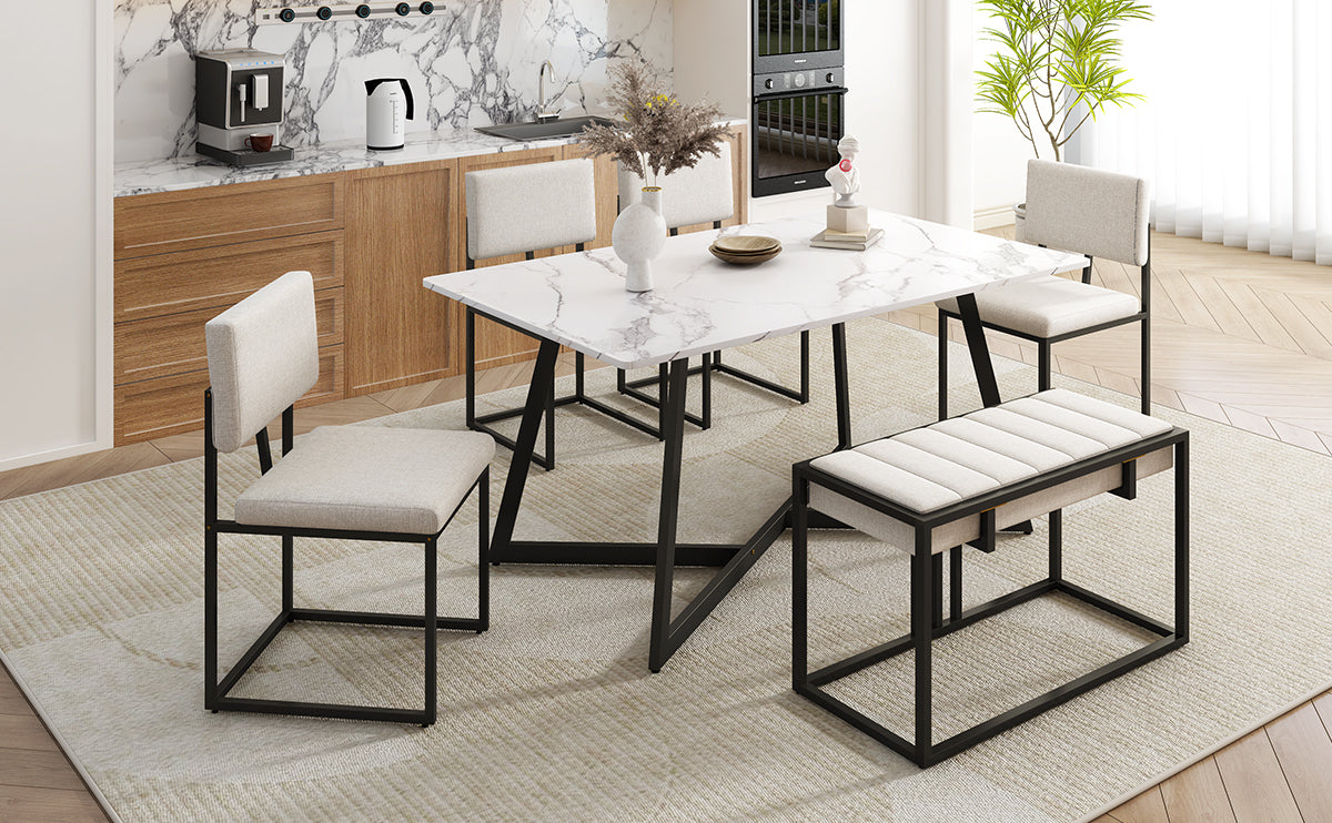 Modern Faux Marble 6-Piece Dining Table Set Dining Chairs and Bench