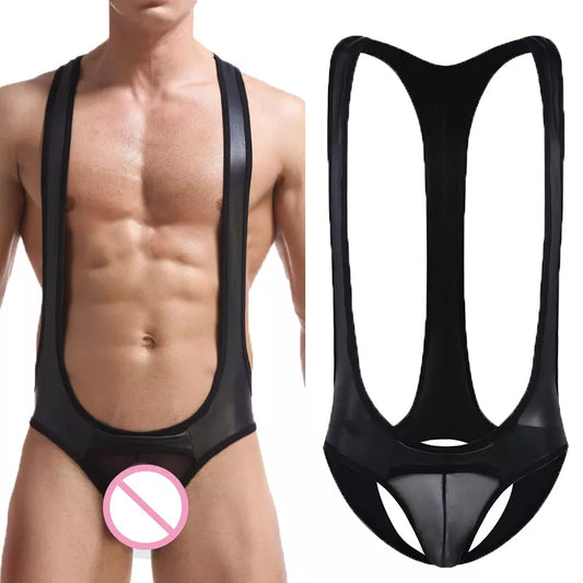 Sexy Mens Undershirts Jockstrap Mesh Open Crotch PU Leather Jumpsuits