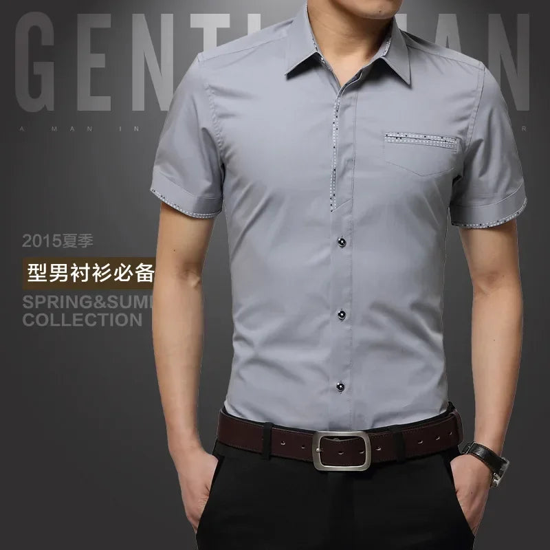 Summer Men Cotton Short Sleeves Dress Shirt Turn-Down Collar Cardigan