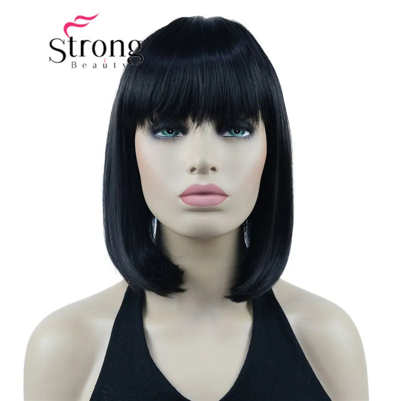 Short Straight Blonde Highlighted Bob With Bangs Synthetic Wig