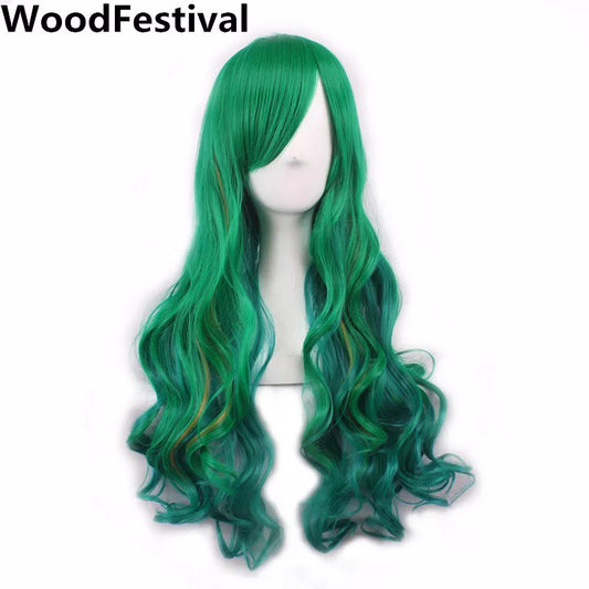 WoodFestival Green Synthetic Long Hair Wavy Wig With Bangs