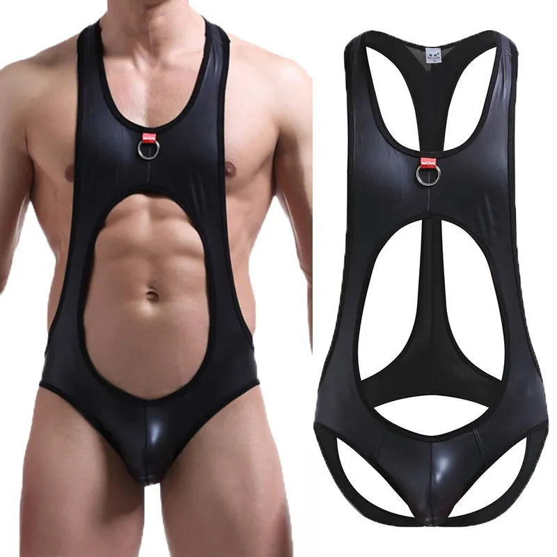 Mens Bodysuit Jock Strap PU Leather Open Back Lingerie Latex Catsuit