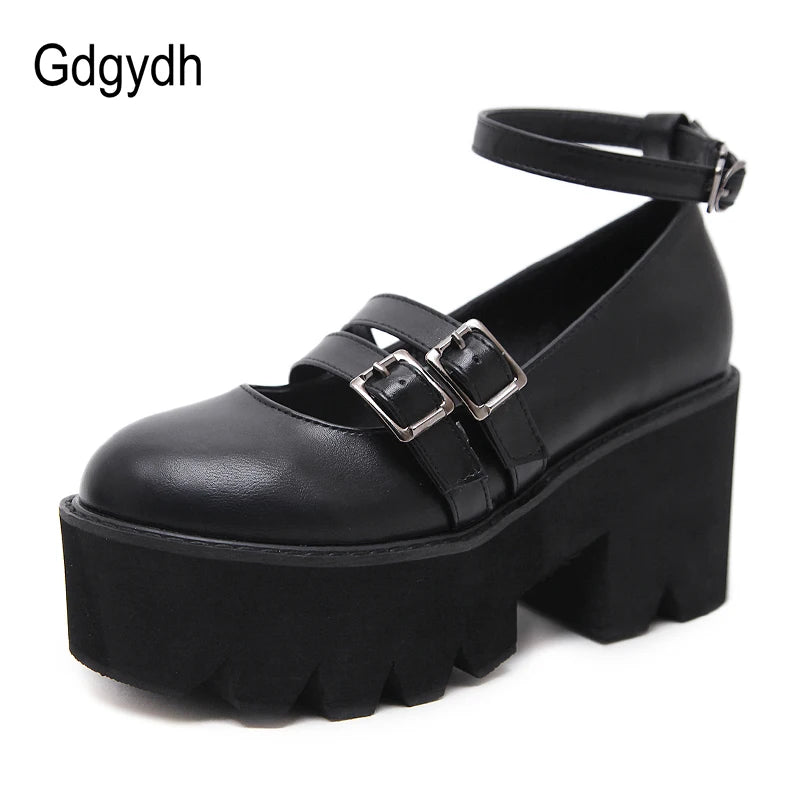 Womens Pump Gothic Shoes Ankle Strap High Chunky Heels