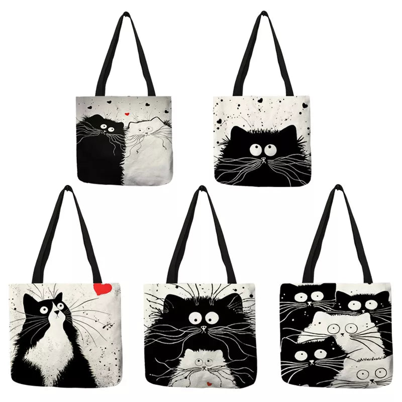 Tote Shopping Bag Cute Cat Printing Women Handbag Linen Totes