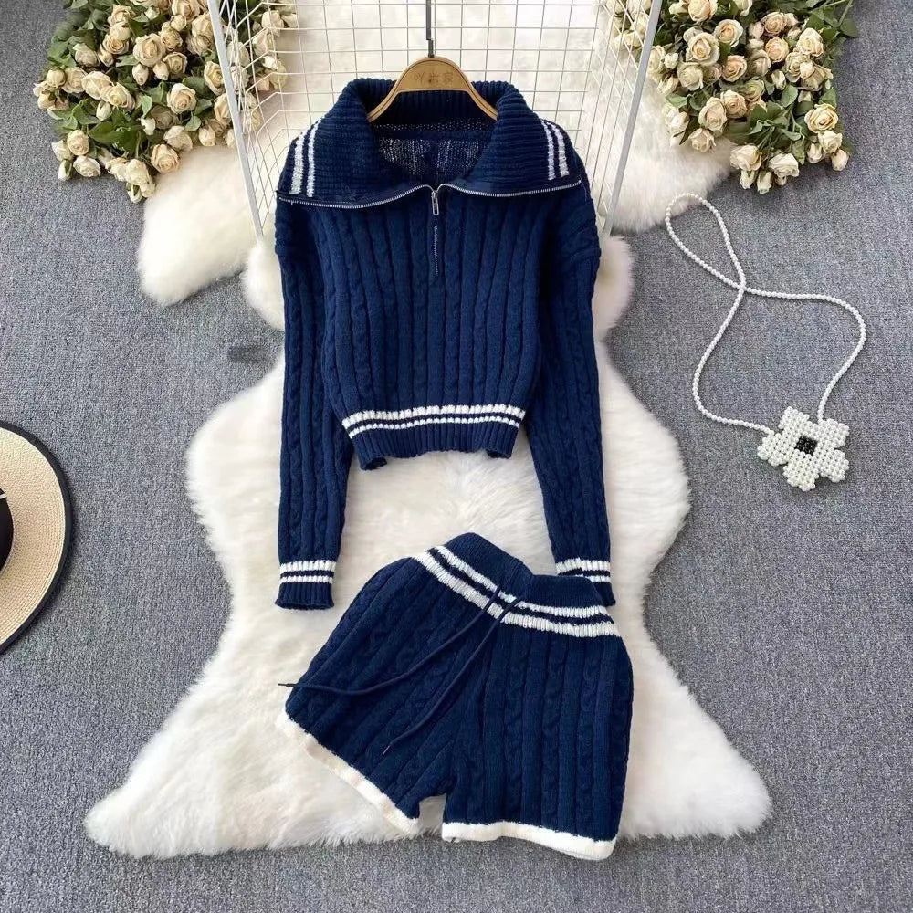 Women Clothes Jogger Tracksuits knit Zipper Striped Tops and Shorts Set