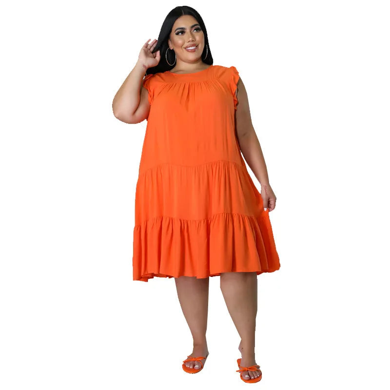 Sleeveless Dress Solid Ruffle Sleeves Dress Pleated Plus Size Women's Dress