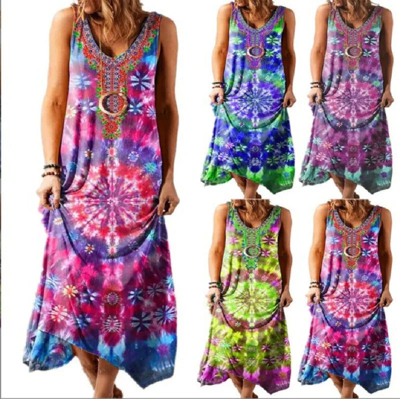 Printed Women' Dress Tie-Dye Floral Long Maxi Dresse Beach Casual Dresses