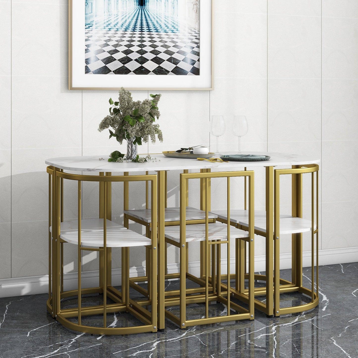 Modern 7-Piece Dining Table Set With Faux Marble Compact 55Inch