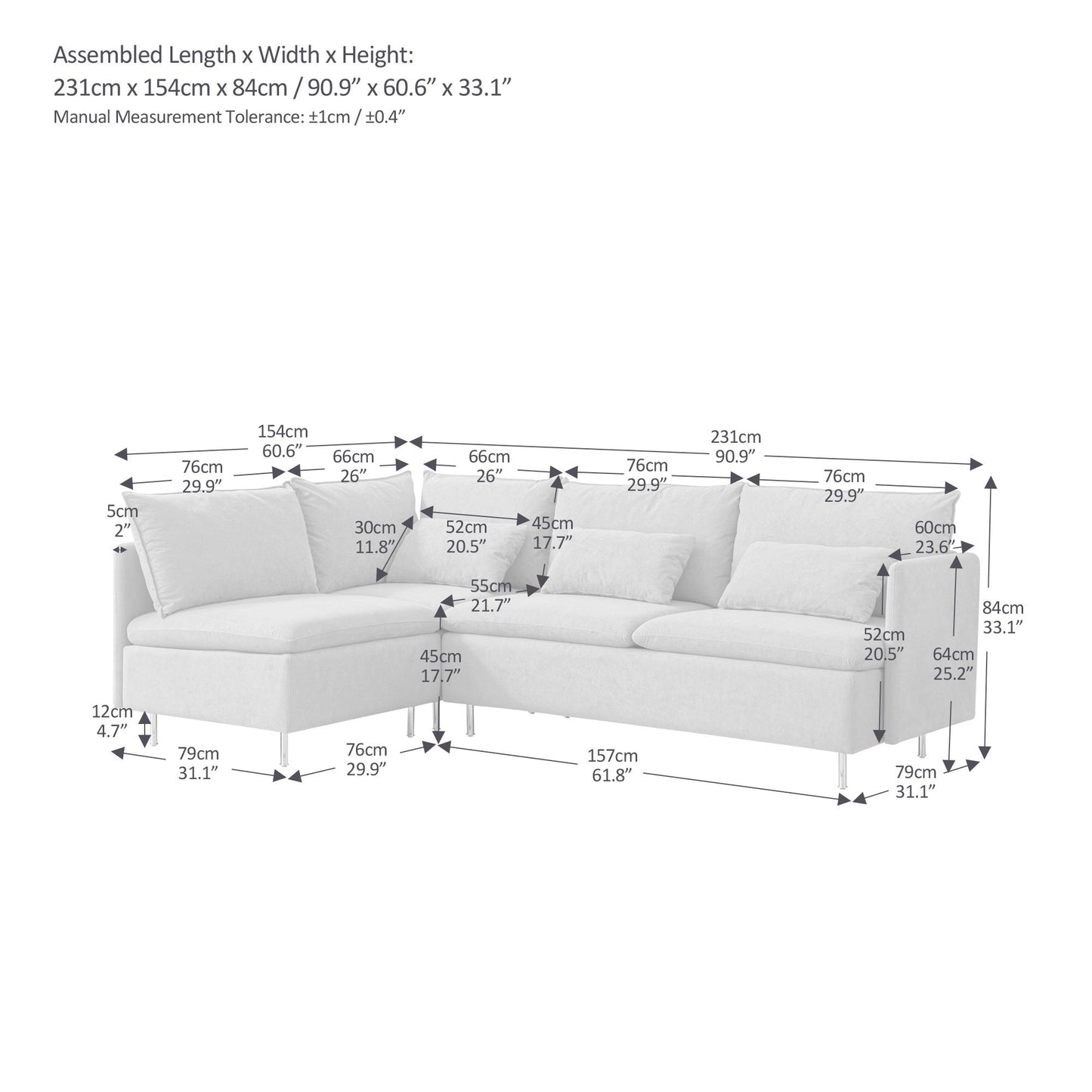 Modular L-Shaped Corner Sofa, Movable Chaise Facing Left/Right