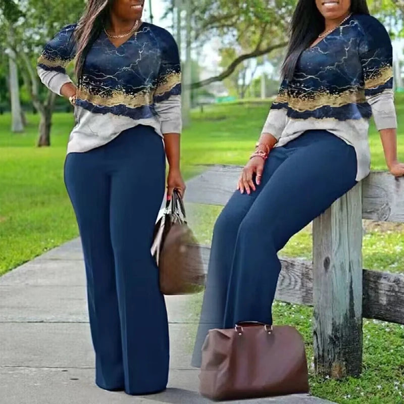 Spring Fall New Plus Size Women Casual Long Sleeve Printing T Shirt Top Pants