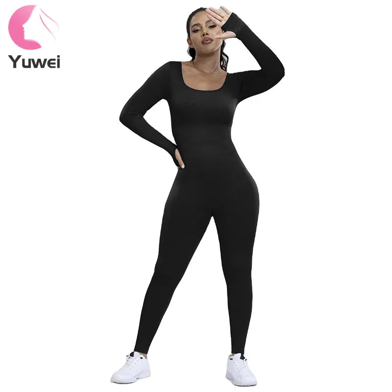 Seamless Ribbed Shaper Sport Fitness Bodysuits Yoga Jumpsuits Long Sleeve