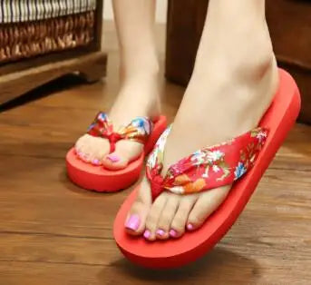 Silk Flower Print Casual Women Slippers Beach Platform Shoes Flip Flops