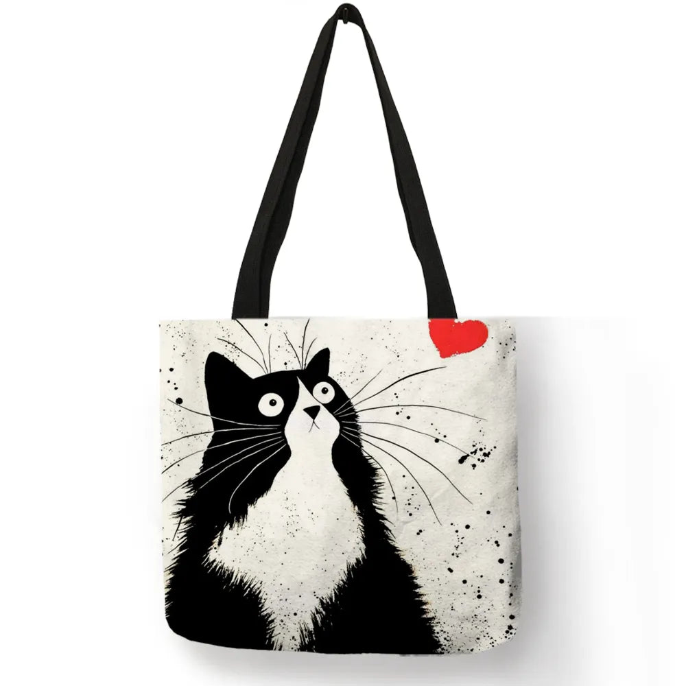 Tote Shopping Bag Cute Cat Printing Women Handbag Linen Totes