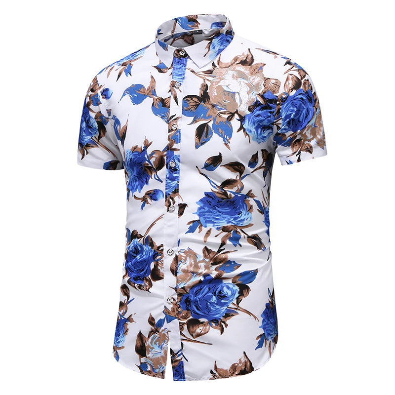 Summer Men Print Short Sleeve Hawaiian Shirt Casual Flower Slim Fit Beach Shirts