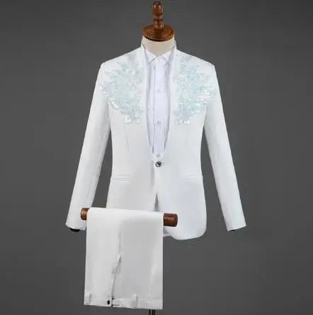 White Embroidered Diamond Suit Men Wedding Groom Tuxedo Suits