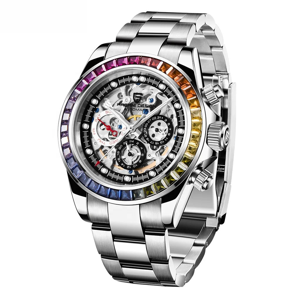 Stainless Steel Watch Rainbow Diamond Skeleton Watches Men Wrist